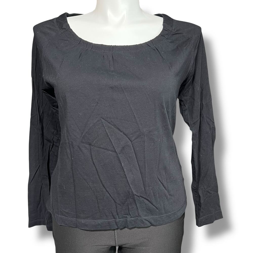 ana Womens T Shirt Top Long Sleeve Round Pleated Neckline Lightweight Black XL